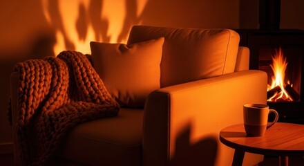 Comfortable armchair with a cozy knit blanket and soft pillow, next to a small side table with a warm mug of coffee, set in a living room with a lit fireplace creating a warm and inviting atmosphere.