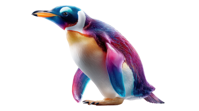 Vibrant Penguin in a Sea of Color: A photorealistic, vividly colored penguin waddles confidently. with hues dancing across its form. The eye-catching penguin is a portrait of boldness