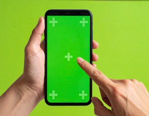 Close-up of a hand holding a smartphone with green screen against a green background