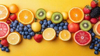 Assorted colorful fruits arranged on a yellow background.