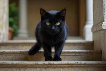 black and white cat on the wall and coming down from stairs while staring look