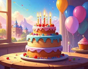 Colorful birthday cake with candles, balloons, and a castle in the background