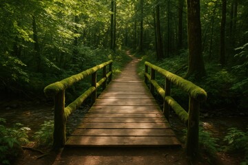 Fototapeta premium Weathered wooden footbridge over calm stream leading into lush green forest trail