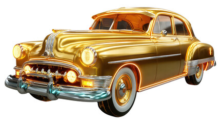 Golden Classic: A digitally crafted and resplendent vintage automobile, showcasing its metallic sheen. This glamorous car embodies the allure of luxury and wealth.