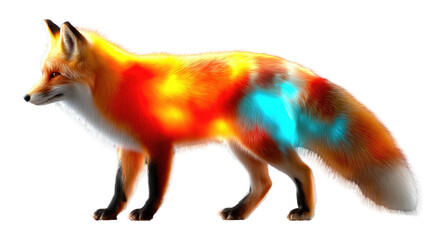 Fototapeta premium Heatmap Fox: An eye-catching depiction of a fox, radiating a vivid spectrum of colors to visualize internal warmth and energy, highlighting the animal's vibrant essence.