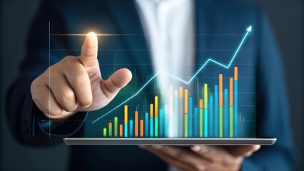 financial freedom independence strategy value concept. Man interacts with digital graph on tablet, showing growth trends.