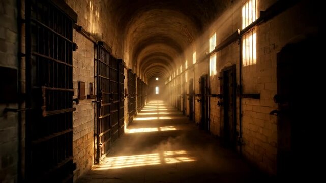 An ominous jail corridor shows rows of cells with barred doors as sunlight streams through the windows, casting shadows in this old, abandoned prison interior.