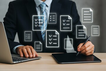 Streamline workflows with digital checklists and sleek tech for efficient project management, perfect for showcasing modern solutions and enhanced productivity