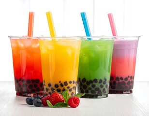 Colorful Bubble Tea Drinks with Fresh Berries on a White Table