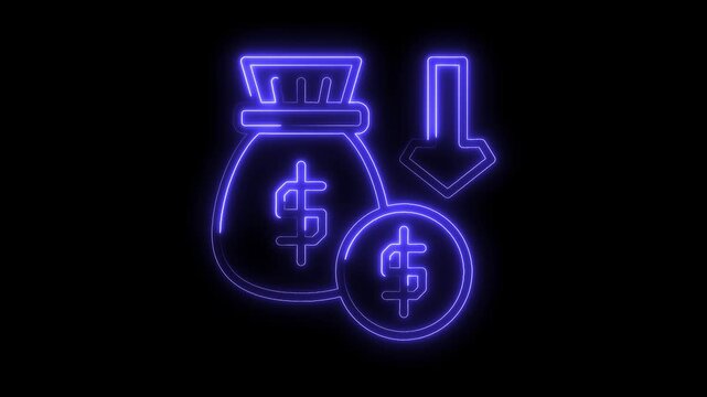 Neon financial loss concept animation featuring dollar sign money bag and downward arrow symbol