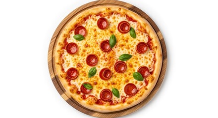 Freshly Baked Pepperoni Pizza on Wooden Board Isolated on White