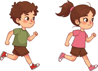 Cartoon boy and girl running together, happy children illustration, cute kids vector art, playful child activity, fun 
