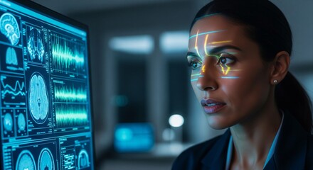 Female Scientist Analyzes Complex Data with Futuristic AI Interface