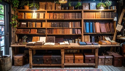 Beautiful Display of Leather Goods and Vintage Books in Shop