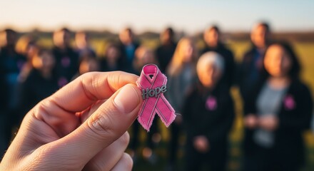 Symbolic pink ribbon held in hand, representing breast cancer awareness and community spirit