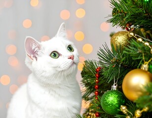 White cat with green eyes by a Christmas tree