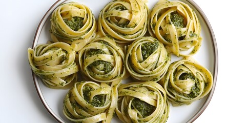 Delicious tagliatelle nests with pesto sauce, plated on a white dish