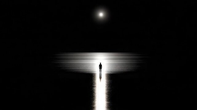 Lone figure silhouetted against a luminous moonlit sea and pathway.