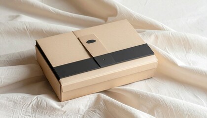 Closed rectangular cardboard box on fabric