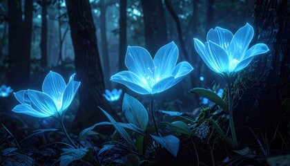 Glowing blue flowers illuminate a dark, mystical forest floor