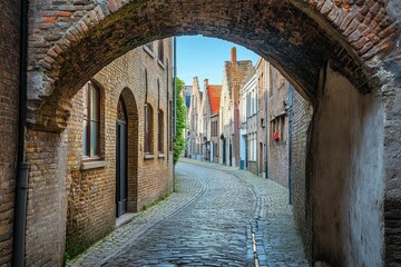 Medieval cobblestone alleyway framed by a brick arch