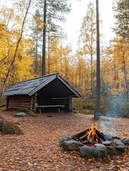 Rustic cabin and campfire in an autumn forest