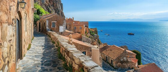 Coastal medieval town with a pathway, sea, and architecture
