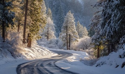 Winding road through snowy forest, bright sunshine