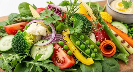 Assortment of freshly cut and colorful vegetables, including broccoli, tomatoes, peas, carrots, cucumbers, and cauliflower, arranged attractively with herbs and hummus on a wooden board,
