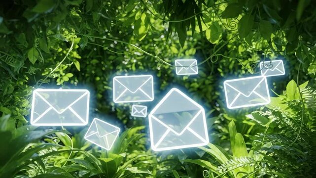 Luminous translucent email icons float amidst lush vibrant green foliage Scattered glowing envelopes of various sizes some open illuminate wet leaves and twisting vines blending digital communication