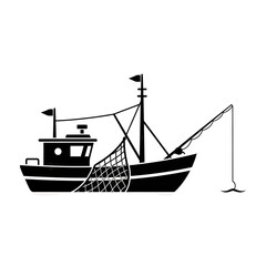 Silhouette of a fishing trawler with nets and rigging ready for sea operation off-shore