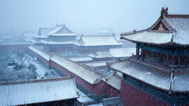 Snow-covered traditional Chinese architecture in a serene winter scene
