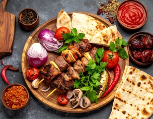Delicious Grilled Skewers with Fresh Vegetables and Flatbread.