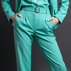 Teal suit with hands in pockets poised and stylish