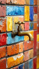 Faucet on colorful brick wall