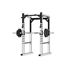 Monochrome depiction of a weightlifting cage equipped with barbell and plates for strength training