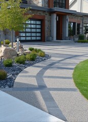 Modern home with driveway, walkway, landscaping, and garage with glass doors