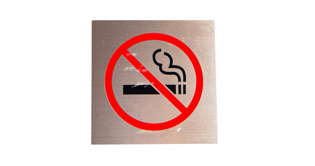 Signs aluminum square shape or sign symbolize with red letters NO SMOKING isolated on cut out PNG or transparent background. Symbol icon notifying people to use service in restaurants or parks.
