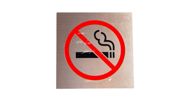 Signs aluminum square shape or sign symbolize with red letters NO SMOKING isolated on cut out PNG or transparent background. Symbol icon notifying people to use service in restaurants or parks.