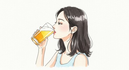 グラスビールを飲む女性の横顔イラスト素材