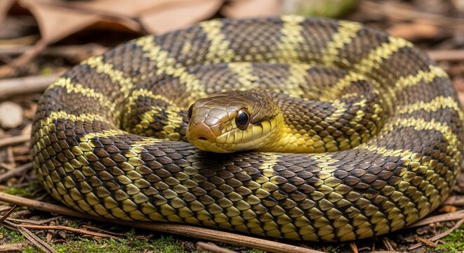 Macro Close-Up of Dhaman Snake on Forest Floor