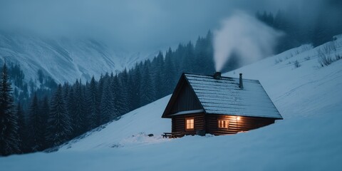 Cozy cabin in a snowy forest at twilight with smoke rising from the chimney.