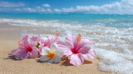 Beautiful Tropical Flowers on Sandy Beach with Gentle Waves