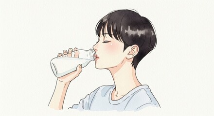 牛乳瓶を飲む女性の横顔イラスト