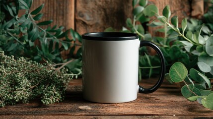 Simple White Coffee Mug Surrounded by Greenery on Wooden Table