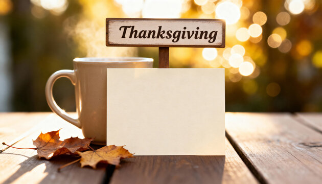 Blank greeting card with autumn leaves, coffee mug and pencil on rustic table, Thanksgiving sign glowing in background, symbolizing gratitude letters, seasonal reflections and holiday warmth.