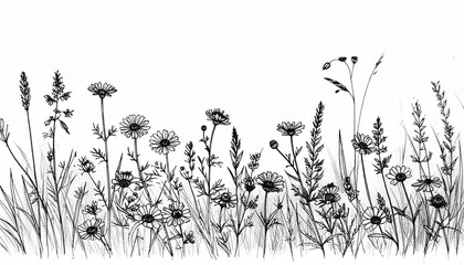 Botanical Monochrome: A delicate monochrome illustration featuring an array of wildflowers, showcasing their elegant silhouettes against the gentle backdrop, a tribute to the beauty of nature.