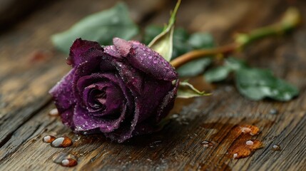 Beautiful Purple Rose with Water Drops on Rustic Wooden Background
