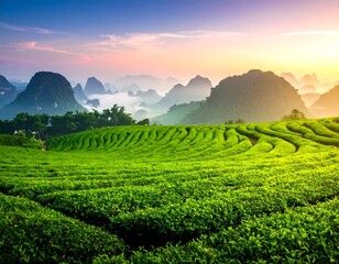 Serene Green Tea Plantation Sunrise.