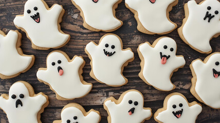 Cute Halloween Ghost Cookies with Icing Decoration - Festive Spooky Treats on Wooden Table